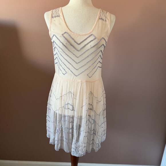 Free People Sheer Embellished Beaded Mesh Mini Slip Tunic Dress Peach